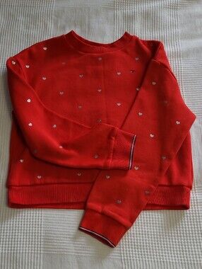 123 Tommy Hilfiger Girls Red Crewneck Sweatshirt with Silver Heart Print XL (16)